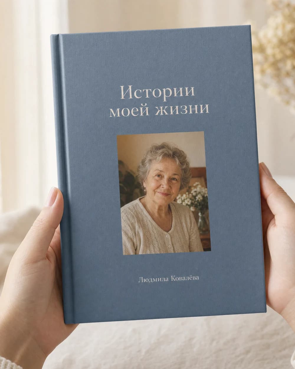 Книга воспоминаний с именем автора на обложке в руках